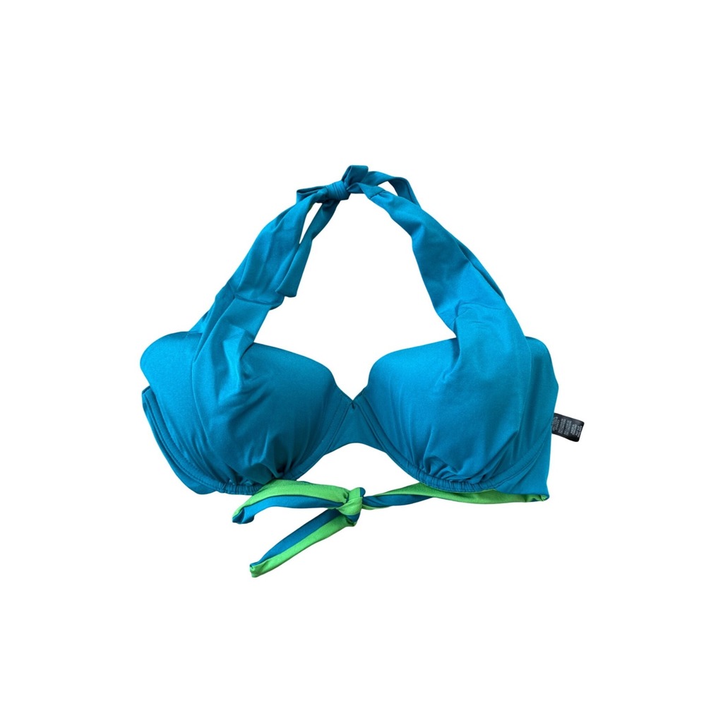 A.Che Teal Blue Lime Green Underwire Halter Bikini‎ Swim Top 34DD NEW